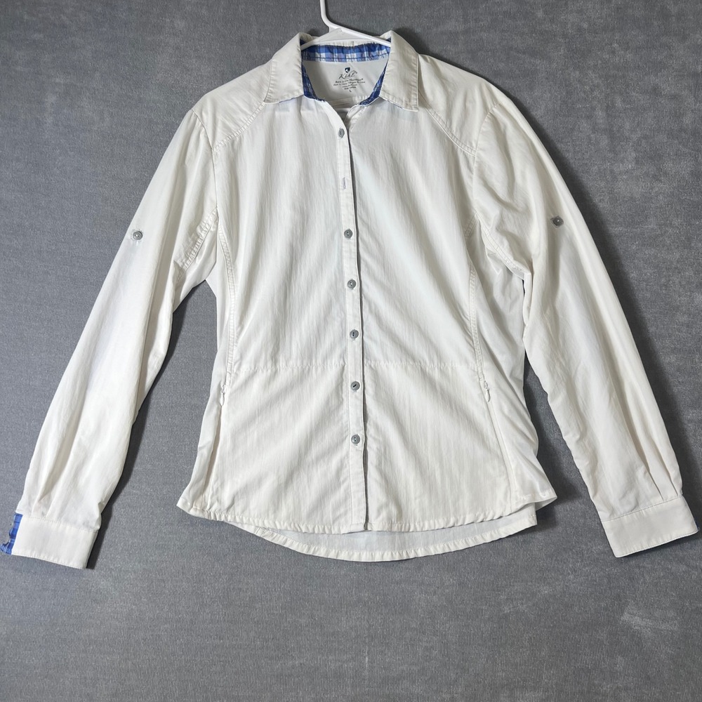 Kuhl Womens White Long Sleeve Button Down Roll Tab Hiking Shirt Large READ*